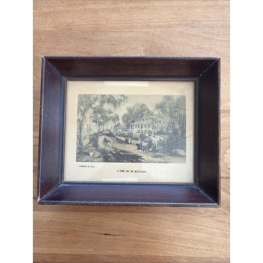Vintage Currier & Ives "A Home on the Mississippi" Framed Print‎ 6×5 Americana